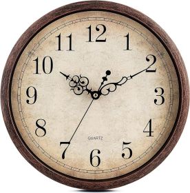 Vintage Brown Wall Clock Silent Non Ticking 12 Inch Quality Quartz Battery Operated Round Decorative Easy to Read for Home Kitchen Living/Dining