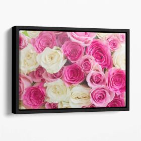 Pink and white fresh rose flowers Floating Framed Canvas (Color: Black, size: 16" x 12" / 42cm x 30cm (approx))