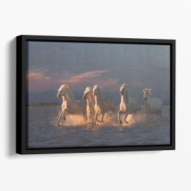 Camargue horses on sunset Floating Framed Canvas (Color: Black, size: 36" x 24" / 90cm x 60cm (approx))
